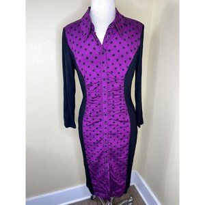 NEW Tracy Reese Womens Large Silk Ruched Shirt Dress Sexy Purple Black Polka Dot